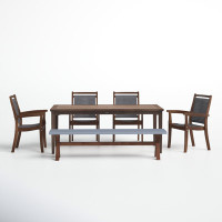 Fleur 6 Piece Eucalyptus Checkerboard Dining Set with Wicker Chairs and Composite Bench by Birch Lane