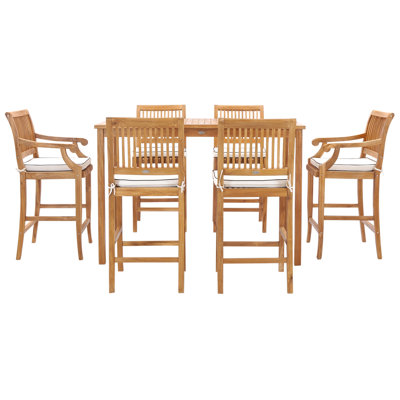 7 Piece Teak Wood Castle 63" Rectangular Medium Bistro Bar Set Including 2 Barstools With Arms And 4 Barstools by Red Barrel Studio